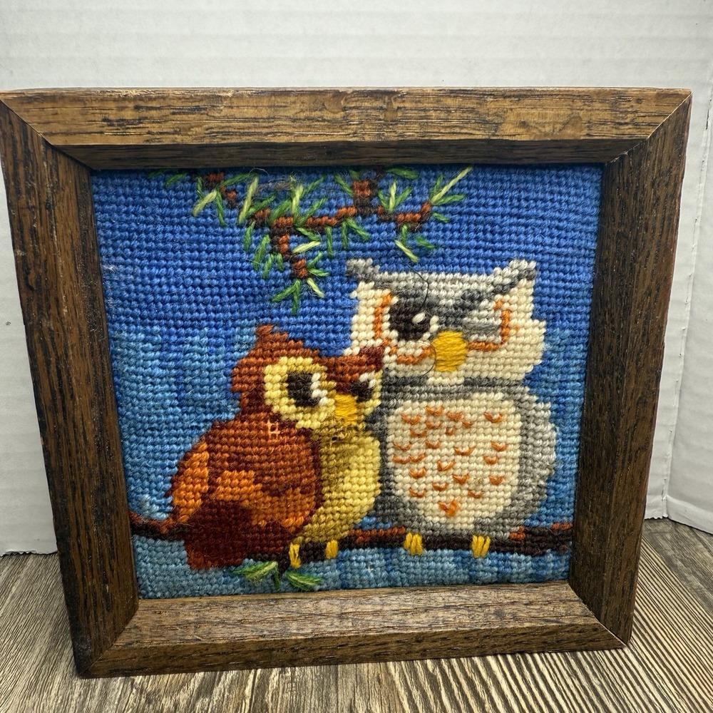 Needle Pointers Cross Stitch  Owls #5418 1976‎ Vintage Framed